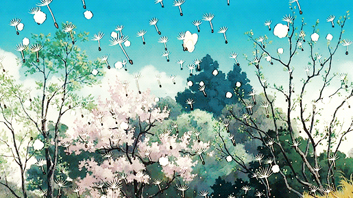 a pastel gif of cartoon spores floating upwards. cartoon trees are in the background.